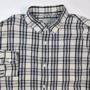 VINCE Mens Off White Blue Check Linen Blend Button Up Shirt Medium M Long Sleeve